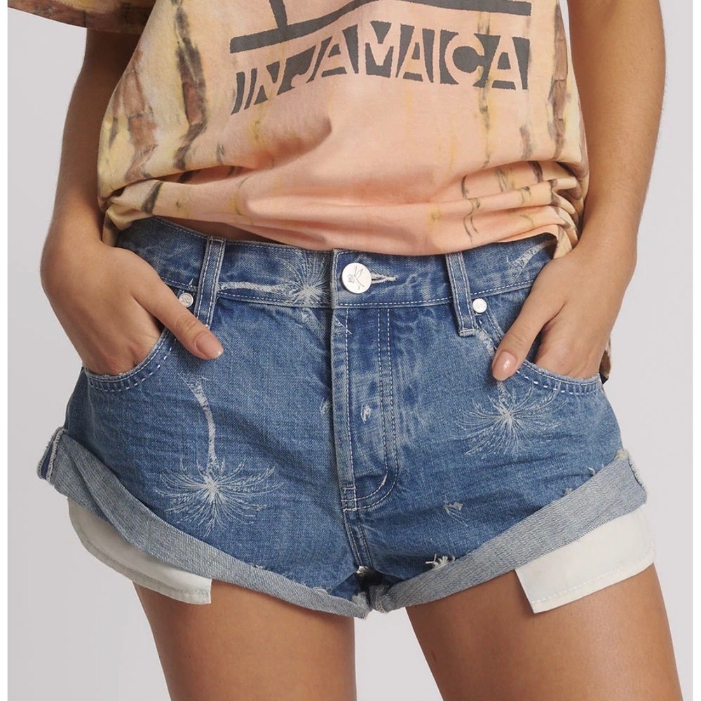 OneTeaspoon Malibu Bandits Shorts Women 32 Ocean Blue Palm Tree Etched Denim NEW